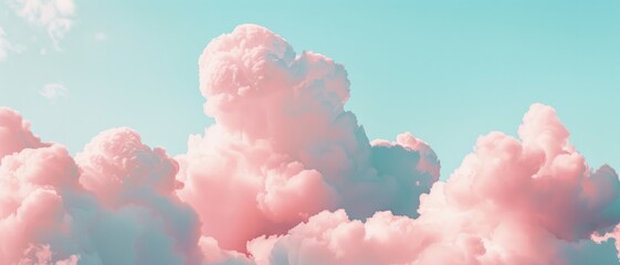 Vibrant cotton candy-like clouds float against a clear blue sky, creating a dreamy and surreal landscape.