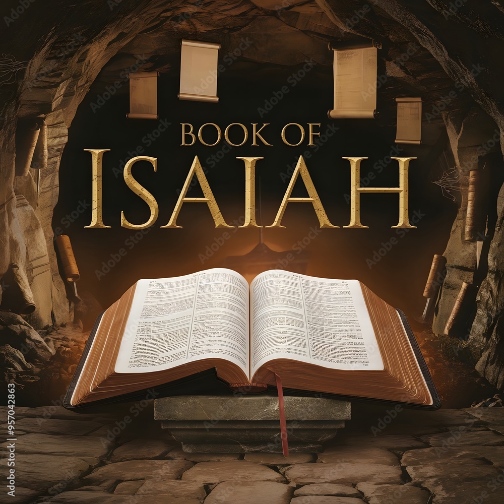 An epic cinematic presentation of an open bible. The book of Isaiah is