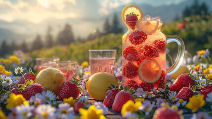 Wall Mural - Picnic Table with Strawberry Lemonade Pitcher and Glasses Garnished with Lemon Slices and Fresh Strawberries