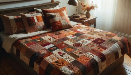 A well-lit bedroom featuring a large bed adorned with a colorful patchwork quilt. The quilt has various patterns and designs, creating a cozy and inviting atmosphere. On the bed are multiple pillows w