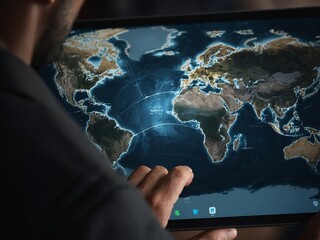 Man holding a tablet displaying a world map, highlighting global connectivity.