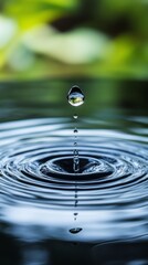 A drop of water falling into a large body of water. The water is calm and still, with no ripples or waves. The drop of water is the only thing moving in the scene, creating a sense of stillness