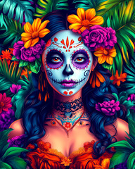 Poster - A woman with a flower headdress and a skull on her face. The woman is surrounded by flowers and leaves