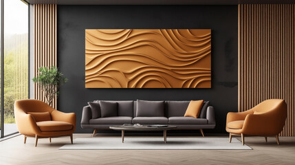 Wall Mural - A modern living room with a large abstract artwork hanging on a dark wall. The room features a gray sofa, orange armchairs, a wooden coffee table, and a potted plant.