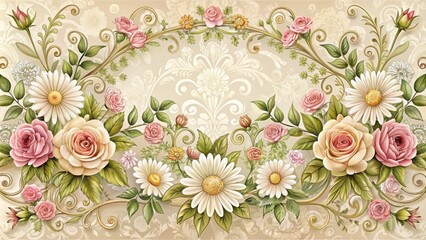  Intricate, hand-drawn floral border featuring a delicate bouquet of roses, daisies, and leaves, surrounded by ornate filigree and ornamental scrollwork on a soft, creamy background.