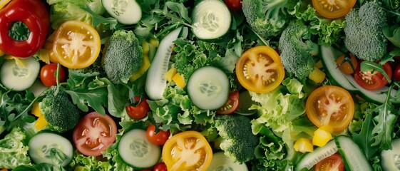 Wall Mural - A vibrant mix of fresh vegetables, including tomatoes, bell peppers, broccoli, and cucumbers, displayed in a visually appealing manner.