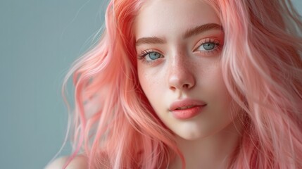 Wall Mural - Close-up of a girl's face with unusual pink hair color. The concept of improving the appearance of hair, revealing femininity and attractiveness, developing hairdressing business.