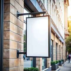 A blank. white storefront sign with a black frame hangs on a brick building. perfect for showcasing your business name. logo. or special offers.