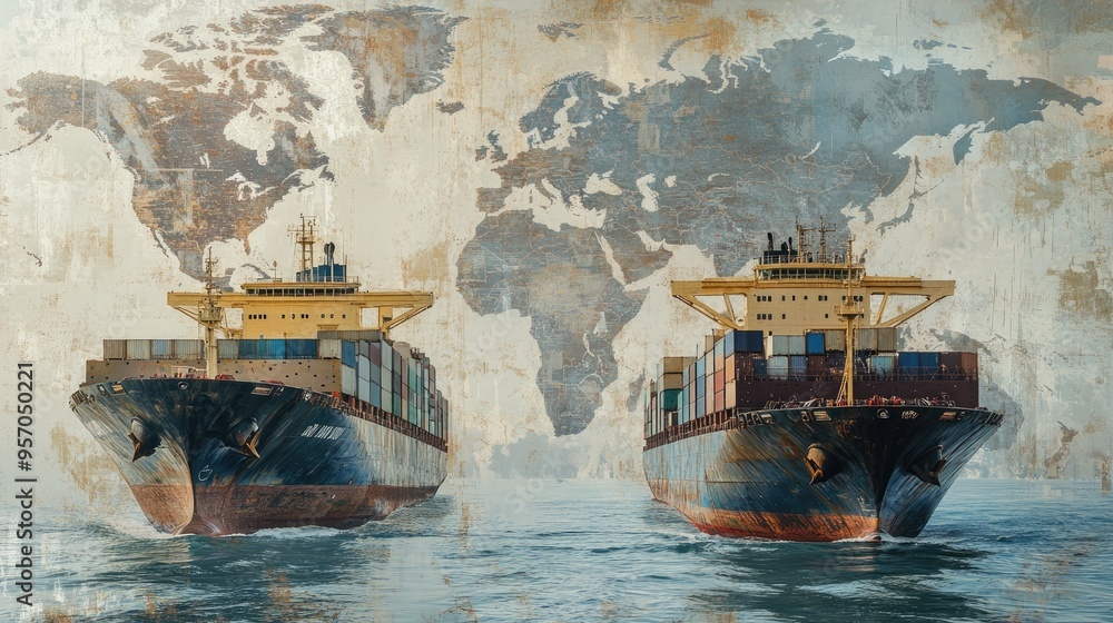Cargo ships and a world map digitally overlaid, representing the global ...