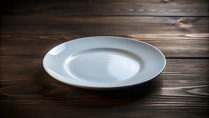 Simple white plate on rustic wooden table background