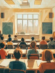 Aufkleber - Students learn in an overcrowded classroom filled with old materials, highlighting the ongoing challenge of educational resource scarcity. Generative AI