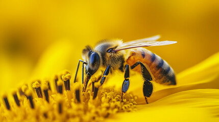 Wall Mural - Honeybee Pollinating a Sunflower - Macro Photography