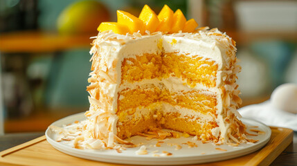 Tropical mango coconut cake with coconut cream frosting, toasted flakes, and mango slices on a bamboo tray