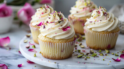 Pistachio Cupcakes: Flavored with rosewater buttercream, topped with crushed pistachios and edible rose petals on a marble board