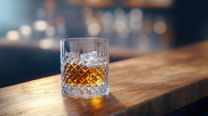 A wide glass of scotch or whiskey with a frosty pattern on a wooden bar counter. Free space for product placement or advertising text.