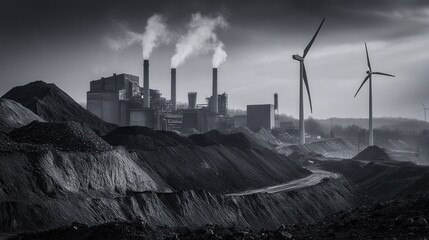 Poster - Wind turbines rise beside abandoned coal mines and old factories, illustrating the transition toward sustainable energy sources. Generative AI