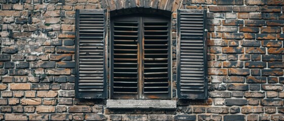 The old, wooden shuttered window sits on a weathered brick wall, exuding rustic charm and historical character in an urban setting.