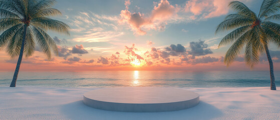 Wall Mural - 3D podium on a sandy beach with palm trees and sunset in the background