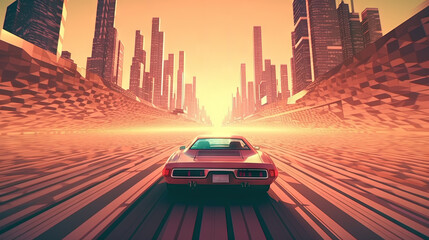 Wall Mural - retro styled car in high speed drive to horizon. retro futuristic landscape with car in day time