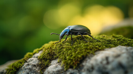 Wall Mural - Close-Up of a Beetle on Mossy Stone