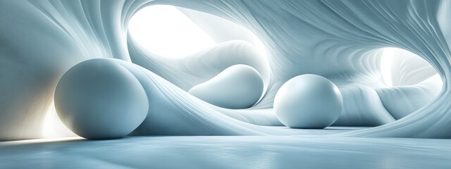 Abstract dynamic interior featuring smooth white objects within a dark space 3D rendering and illustration