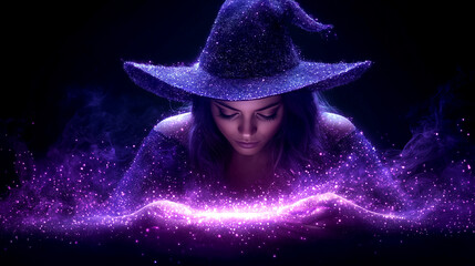 A woman in a purple hat is holding a crystal ball. The image has a mystical and magical feel to it