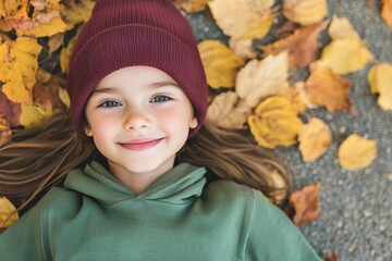 Wall Mural - A young blonde girl lies in red autumn leaves wearing a burgundy hat and a green hoodie, top view.