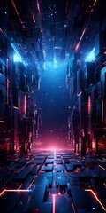 futuristic city with neon lights and dark background