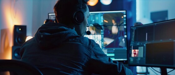 Wall Mural - a person with headphones and a microphone works at a dual-monitor setup, immersed in producing multi