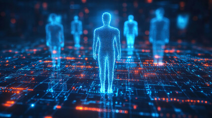 A group of people are standing in a blue and orange grid