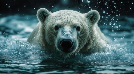 majestic polar bear gracefully swimming in icy arctic waters powerful yet serene underwater shot capturing bears strength and adaptability cool blue tones bubbles refracted light