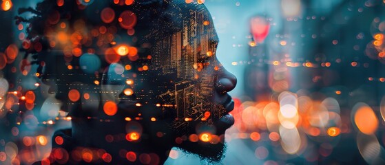 Double exposure image blending black man with a vibrant technology lights background 