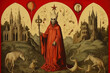 © swillklitch - Medieval styled occult art with skeleton and monsters. Ancient icon or old book illustration with mystic religious scene.