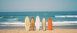 © Ai Studio - A set of five surfboards of different colors and styles stand upright on a sandy beach, with the ocean waves rolling in the background under a clear sky.