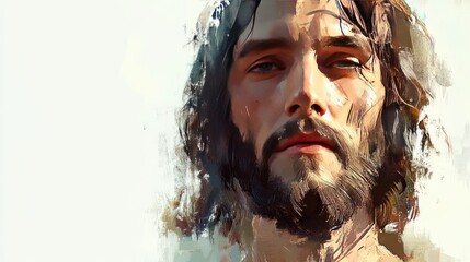 Generative AI portrait of Jesus Christ, depicted as the savior of mankind and the son of God, with a serene and holy expression,