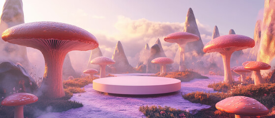 Wall Mural - 3D podium surrounded by giant mushrooms in a fantasy landscape