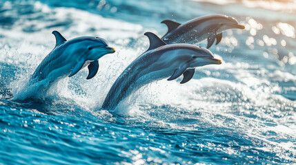 Wall Mural - Dolphins Leaping in the Ocean: A Captivating Display of Grace and Freedom