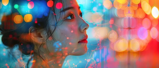 Double exposure image blending korean woman's with a vibrant technology lights background 