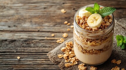 Sticker - Granola, banana slices, and mint leaves top a delicious smoothie in a mason jar,