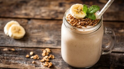 Sticker - Granola, banana slices, and mint leaves top a delicious smoothie in a mason jar,