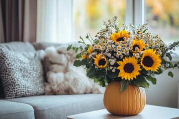 Wall Mural - On a living room table, pumpkins are arranged with an autumn bouquet, close up