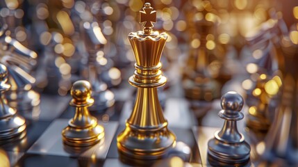 Shot of CHESS concept gold and si king surrounded with SILVER and GOLD chess pieces on game competition, chess battle, victory, success, team leader, teamwork, business strategy concept.3d rendering.