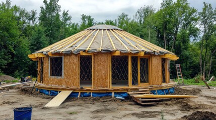 Wall Mural - The construction process of a yurt, showing the assembly of the frame and installation of the covering.