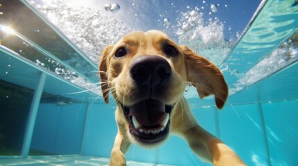 Poster - Funny underwater picture of puppies in swimming pool playing deep dive action training game with family pets and popular dog breeds during summer holidays. recreation, relax, generate by AI