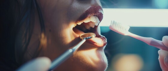 An engaging close-up of a person's mouth during a dental check-up, featuring dental tools and bright lights in a modern clinic.