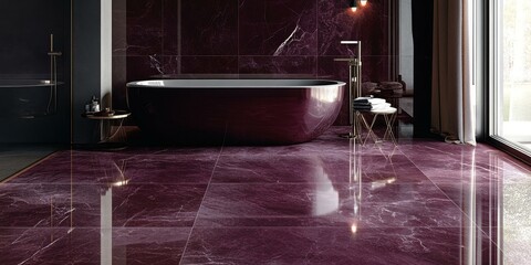 Wall Mural - Modern bathroom with purple marble floor and bathtub.