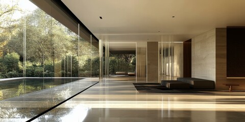 Sticker - Modern interior with a pool and a view of trees.