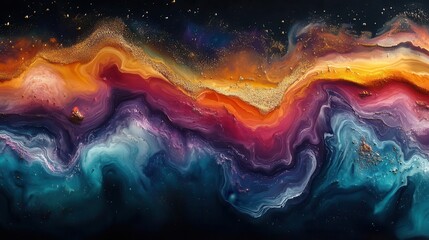 Wall Mural - mesmerizing fluid art piece with swirling iridescent colors organic shapes blend and morph creating 