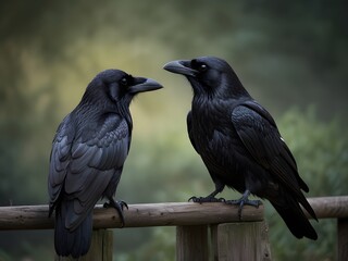 Two Ravens Perched on a Wooden Fence