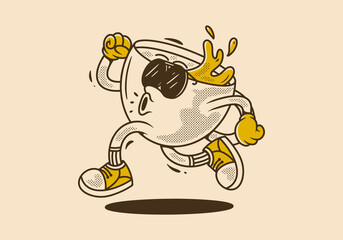 Running coffee cup character in retro vintage style